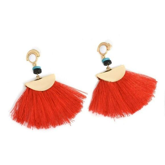 5/$25 Bohemian Red Tassel Teal and Black Beads Dangle Earrings - Picture 3 of 6